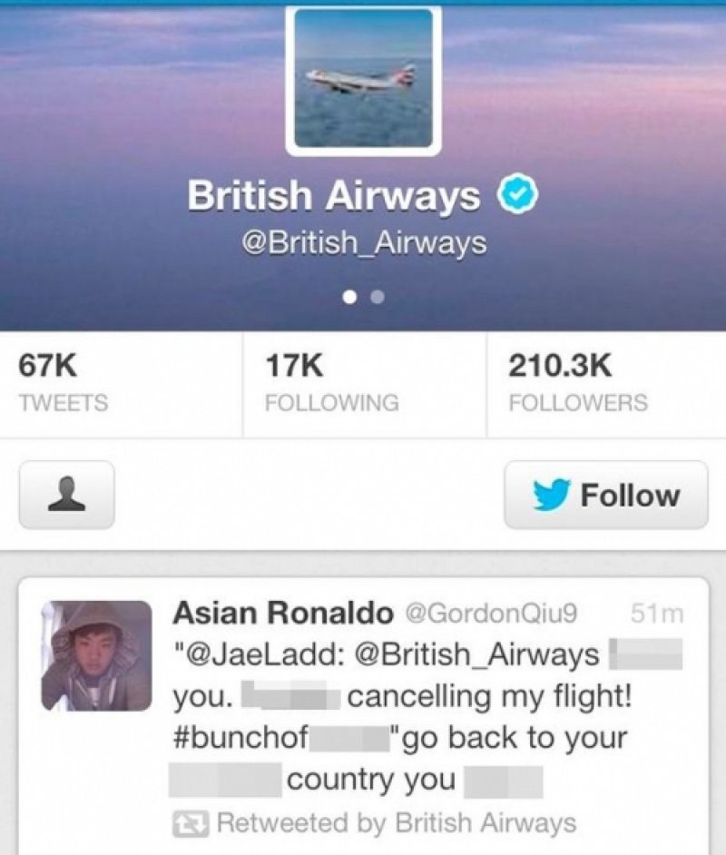RT de British Airways del tweet racista enviado por @GordonQiu9 al pasajero con la queja.
