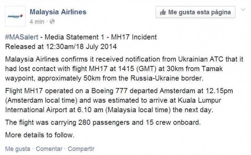 Malaysia Airlines también informó del accidente en Facebook.