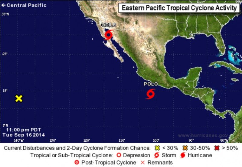 Infografía del National Hurricane Center, donde se muestra la posición de Odile y Polo. Esta última tormenta avanza ahora hacia Baja California. CLICK PARA AMPLIAR IMAGEN.