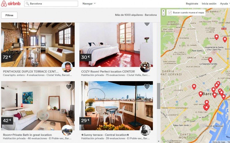 Una pantalla de reserva de alojamientos de la web Airbnb para Barcelona.