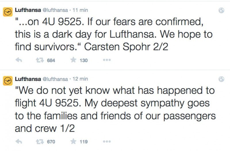 Lufthansa, la matriz de Germanwings ha tuiteado expresando su pesar por la información.