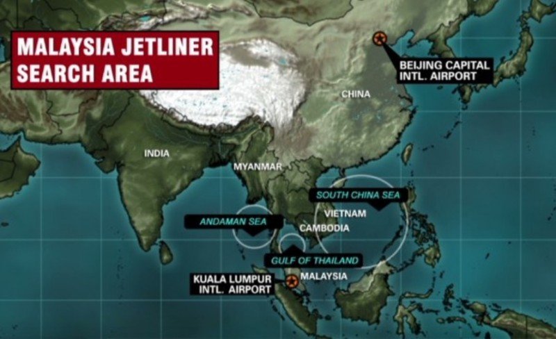 Los restos de avión hallados en la isla Reunion son del vuelo MH370. En la gráfica, primera área de búsqueda. 