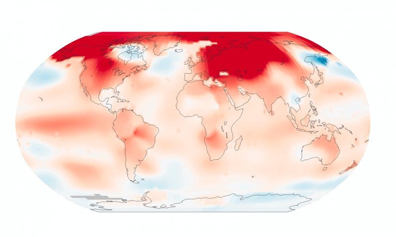 Esta infografía elaborada por la NASA muestra la anomalía de temperatura registrada en febrero de 2016. No se indican las temperaturas absolutas, sino cuánto más caliente o cuánto más fría estuvo la Tierra comparada con la media de 1951 a 1980.