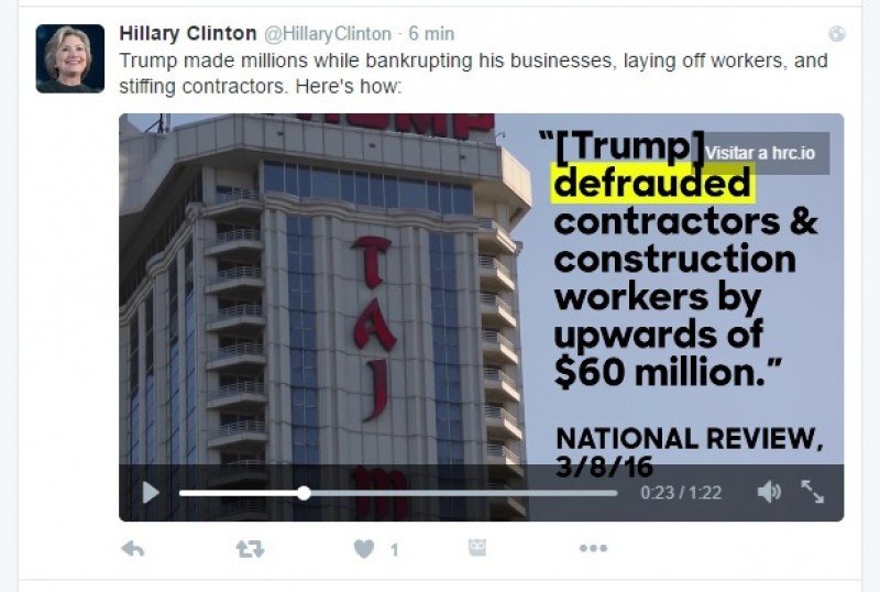 Clinton está aprovechando la bancarrota de Trump en Atlantic City para cargar contra el candidato republicano.