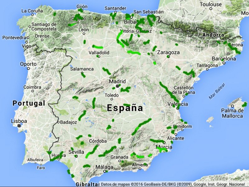 Mapa de las Vías Verdes abiertas al público.