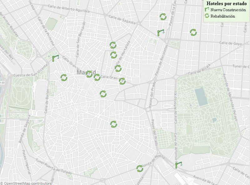 Imagen del mapa elaborado por CBRE de los proyectos hoteleros en marcha en Madrid tras geolocalizar las grúas en funcionamiento actualmente en la capital.