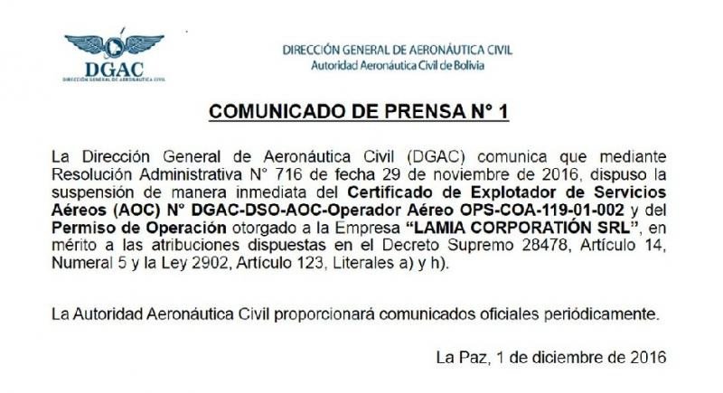  Bolivia suspende la licencia a LaMia y a autoridades aeronáuticas del país
