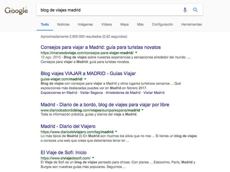 Resultados sobre la búsqueda en  Google con el término:'Blog de Viajes Madrid'.