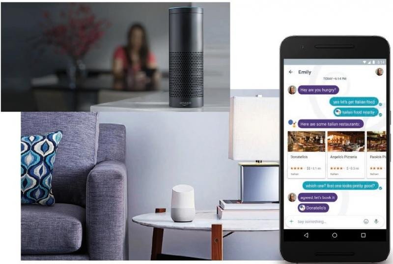Asistentes para el hogar desarrollados por Amazon (foto superior) y Google (foto inferior), y asistente virtual para el móvil.