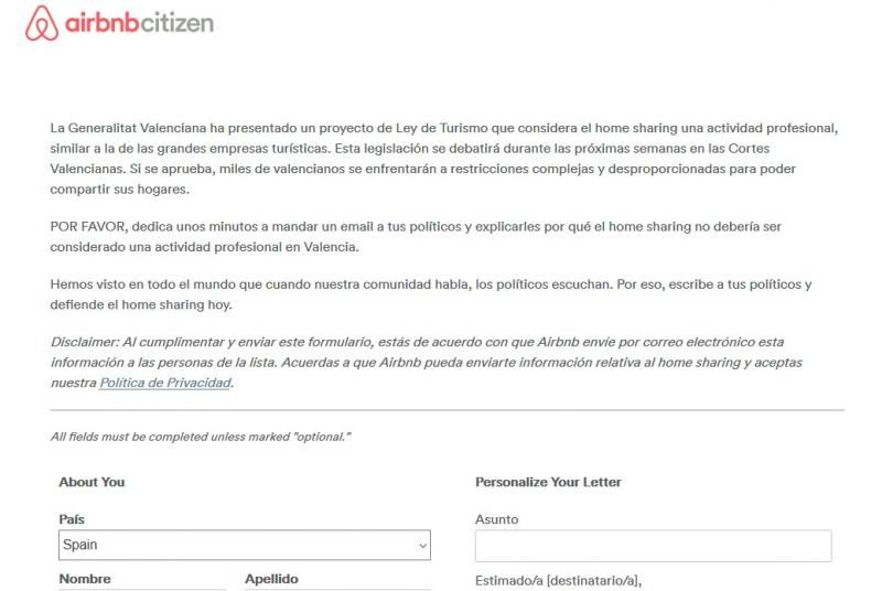 Airbnb insta a sus usuarios a escribir a los políticos valencianos