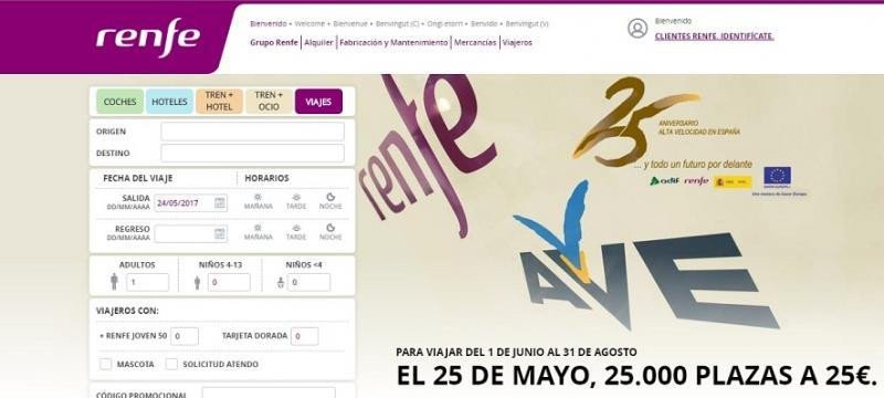 Imagen de la promoción de Renfe en su web, que se repetirá todos los días 25 de cada mes hasta diciembre.