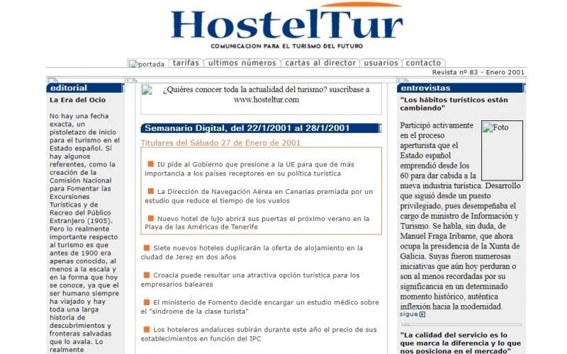 Así era el diseño de Hosteltur.com en su nacimiento, en el año 2001.