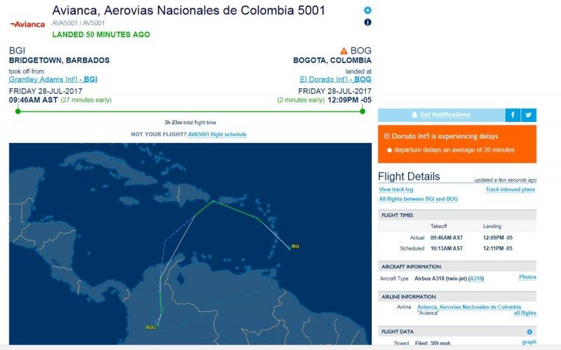 Último vuelo de Barbados a Bogotá, por ruta alternativa.