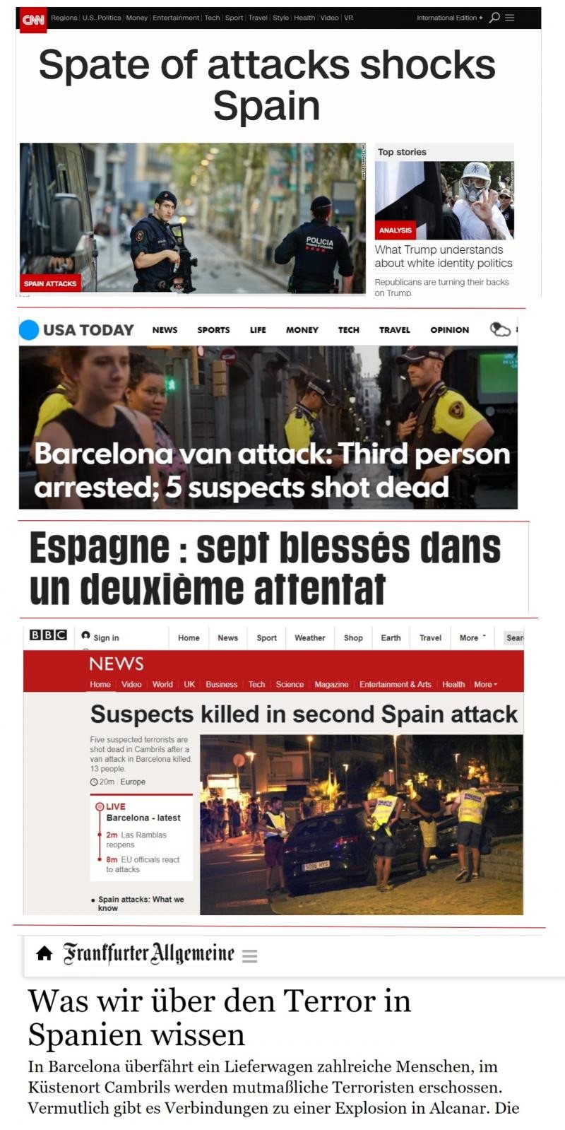 Informaciones sobre los atentados en Barcelona y Cambrils en diferentes medios online internacionales publicadas el 18 de agosto.
