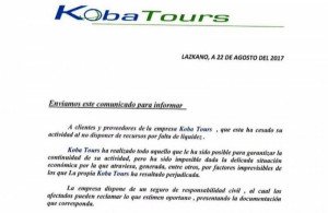 Koba Tours comunica que tiene un seguro de 1 M € para los afectados