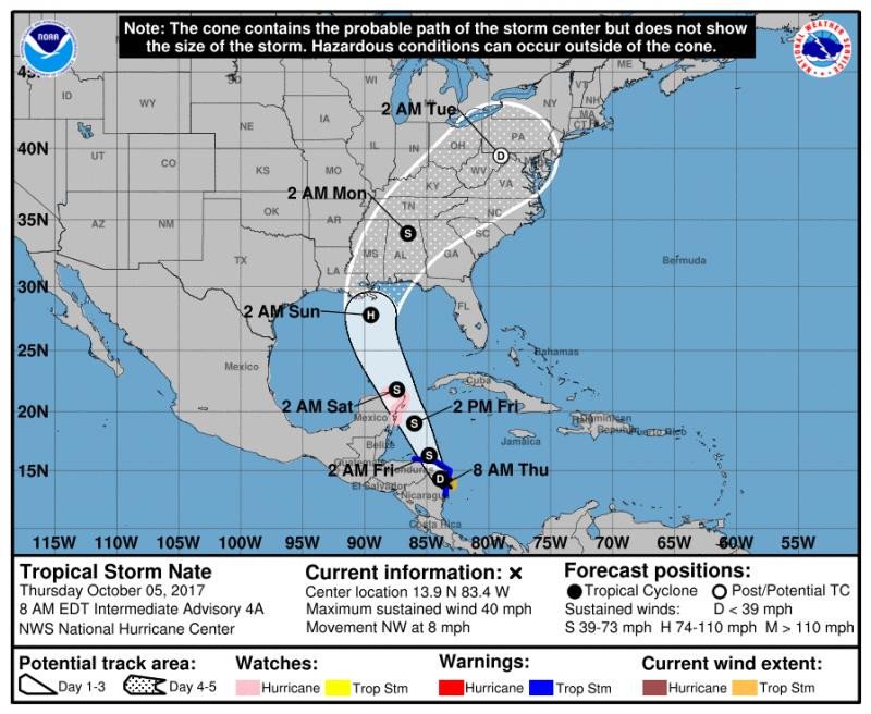 La infografía del National Hurricane Center muestra el recorrido que seguirá la tormenta tropical Nate, que este viernes podría convertirse en huracán.