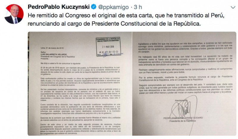 Renuncia el presidente de Perú, Pedro Pablo Kuczynski