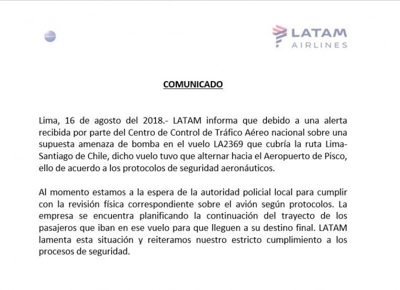 Comunicado de LATAM sobre el incidente en Perú.