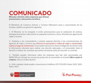 Perú advierte sobre falsas promociones y sorteos de viajes