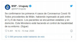 Uruguay confirma primeros casos de coronavirus y prepara medidas