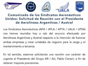 Sindicatos no fueron informados sobre fusión Aerolíneas Argentinas-Austral