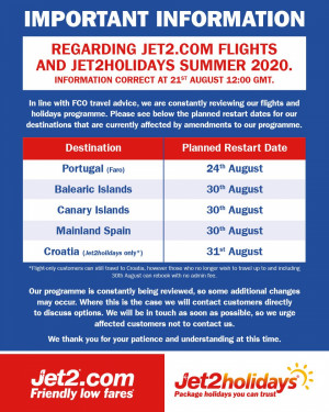 Jet2 regresará el 30 de agosto a Canarias, Baleares y península