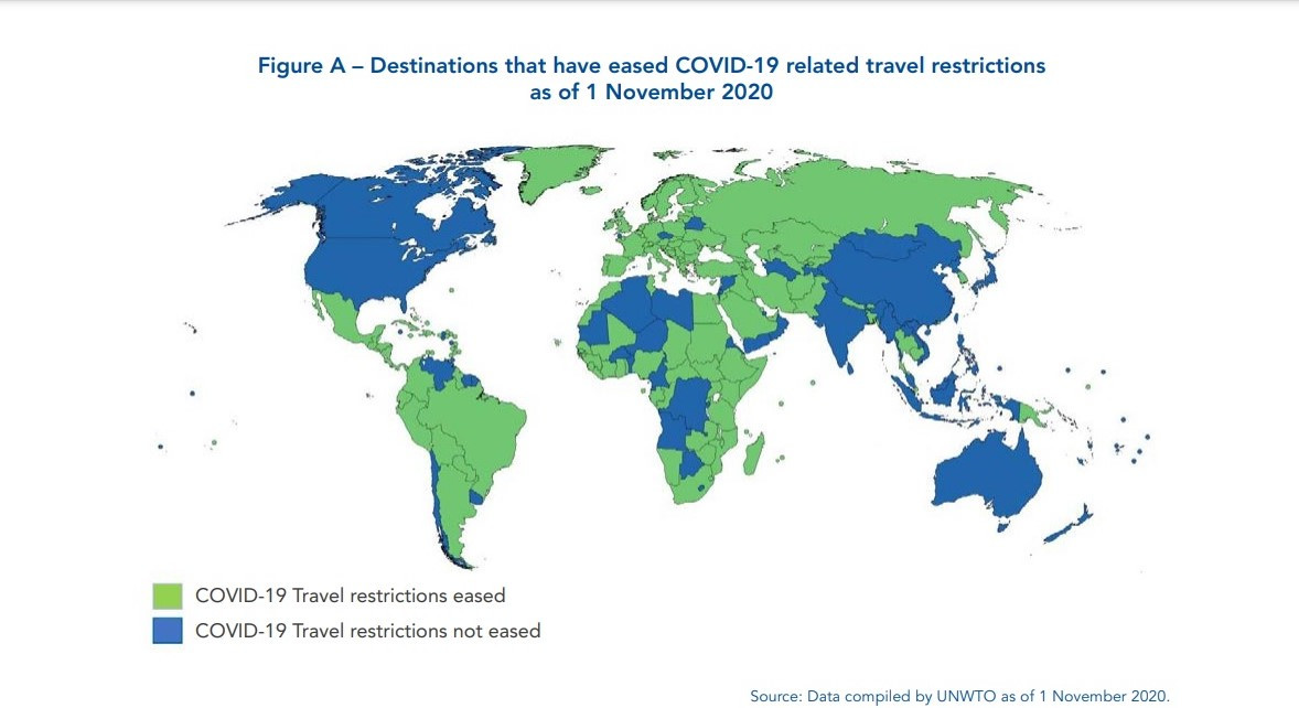 Mapa de restricciones (azul) y aperturas (verde) al 1° de noviembre. Gráfico: OMT