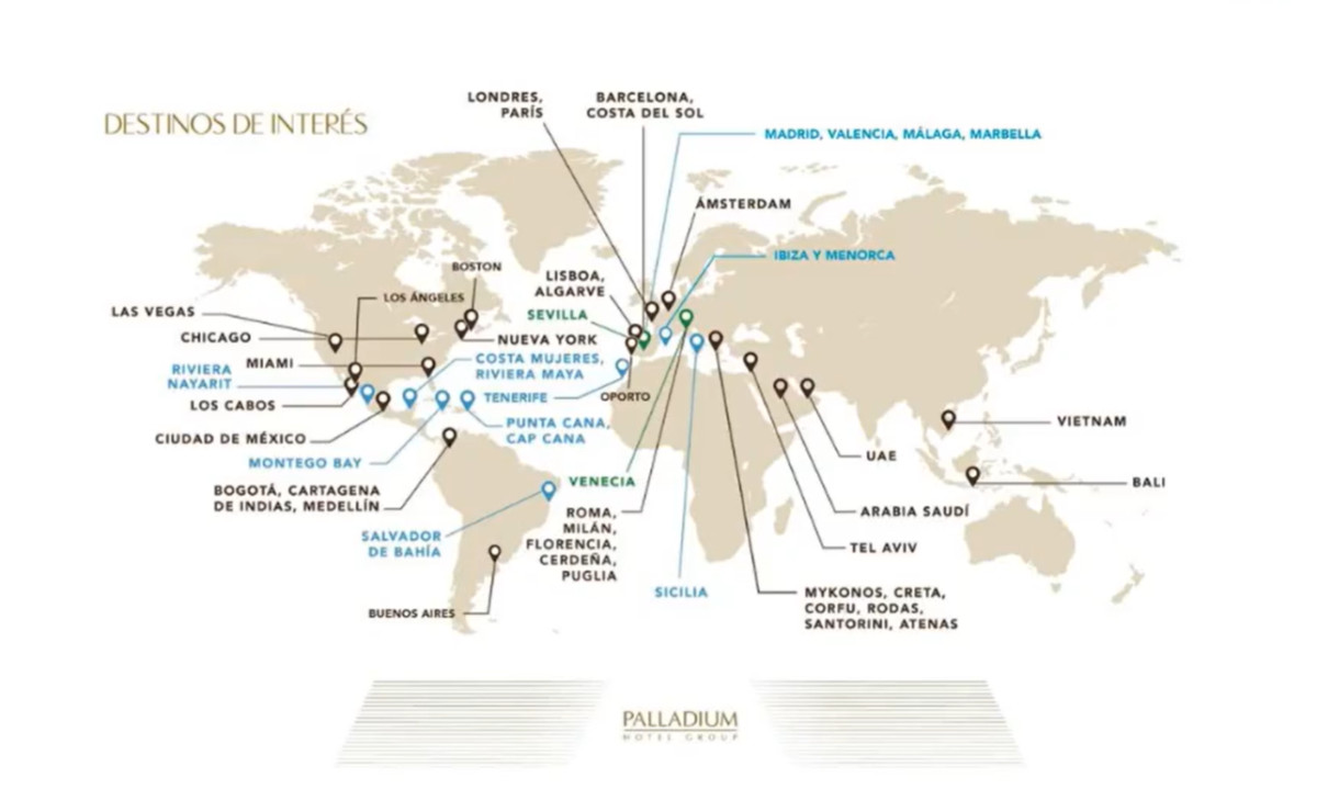 Mapa de los 35 destinos de interés de Palladium Hotel Group