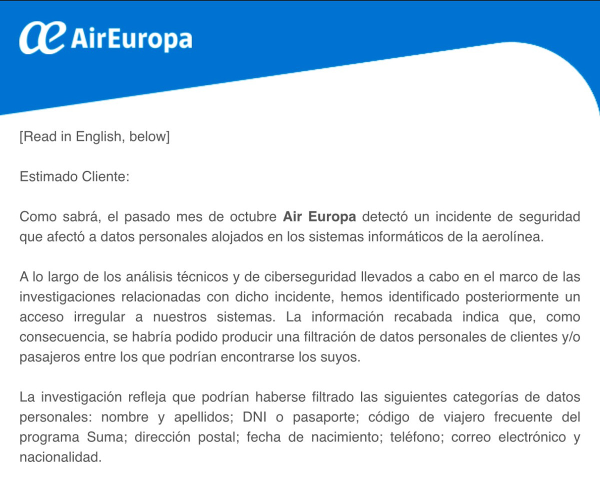 Ciberataque a Air Europa: posible filtración de datos personales