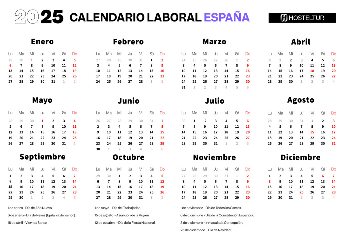 Calendario Laboral 2025 con todos los festivos y puentes