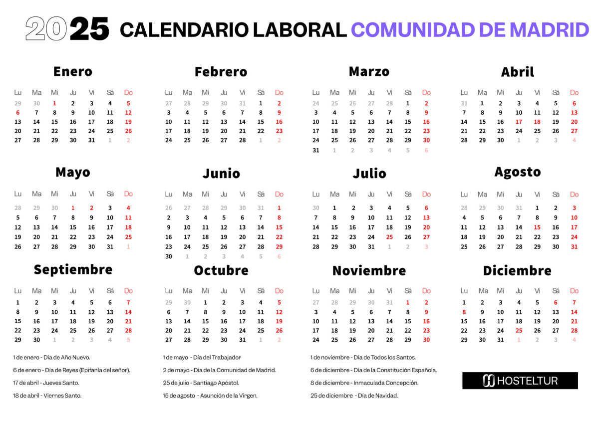 Calendario laboral 2025 Madrid: todos los festivos y puentes