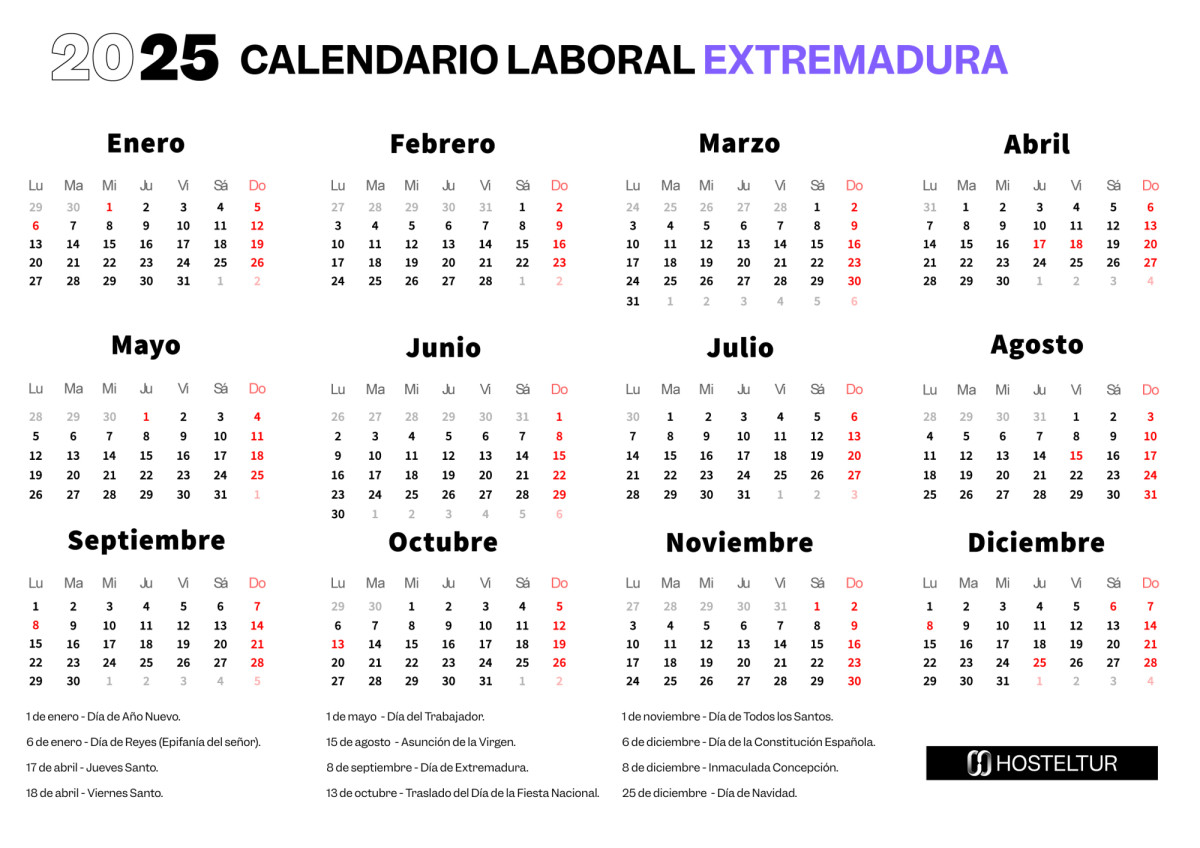 Calendario laboral 2025 de Extremadura: festivos y puentes 