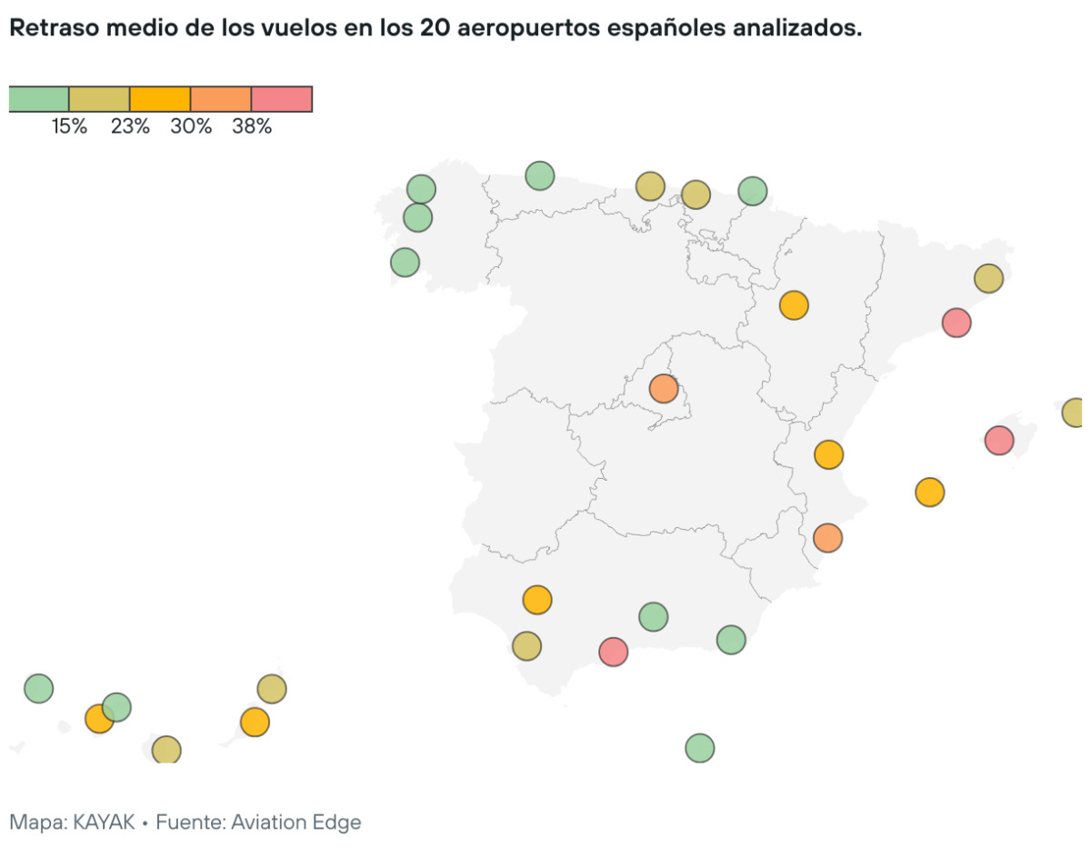 Retrasos después de la hora de salida de un avión en España Fuente: Kayak / Aviation Edge Retrasos después de la hora de salida de un avión en España