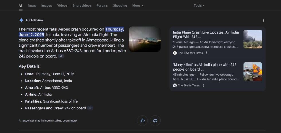 En esta búsqueda, la IA de Google dice que el accidente involucró un Airbus A330 en lugar de un Boeing 787. Fuente: /u/stuckintrraffic via Arstechnica En esta búsqueda, la IA de Google dice que el accidente involucró un Airbus A330 en lugar de un Boeing 787.