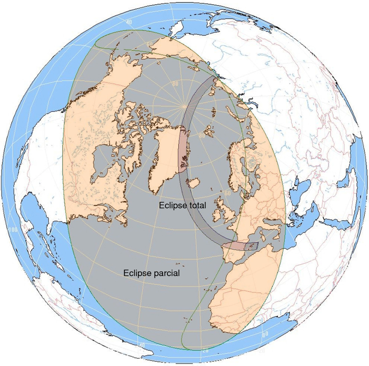Región de la Tierra donde el eclipse del 12 de agosto de 2026 será visible de alguna manera. La región coloreada más clara es la zona donde el eclipse se verá de forma parcial, mientras que la banda más oscura es la franja de totalidad. 