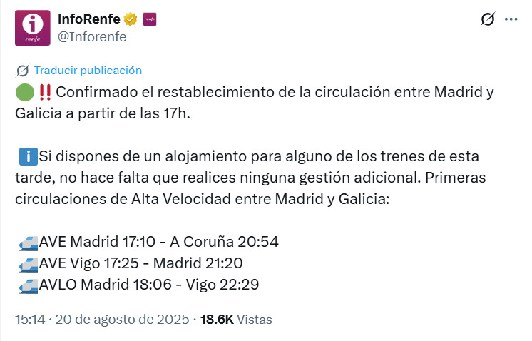 ¿Cuándo se reanudan los trenes AVE de Madrid a Galicia?
