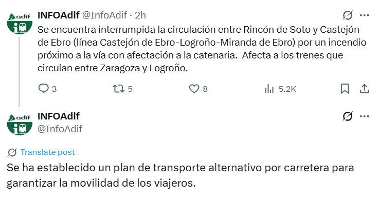 Cortados los trenes entre Zaragoza y Logroño por un incendio 