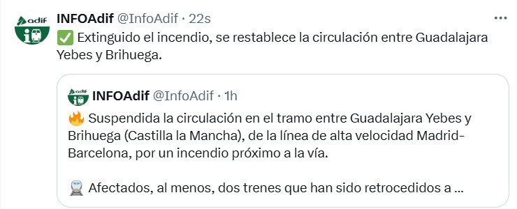 Restablecido el AVE Madrid-Barcelona afectado por un incendio