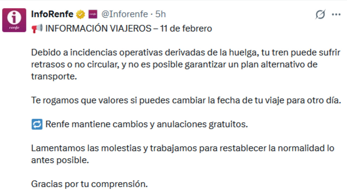 Renfe cancela trenes en varias l&iacute;neas por una huelga sin servicios m&iacute;nimos
