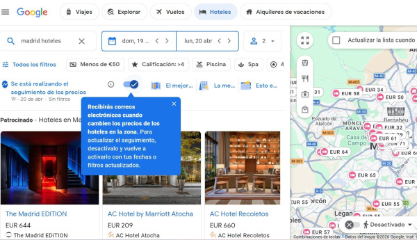 Google lanza una nueva función que rastrea el precio de un hotel y avisa al usuario