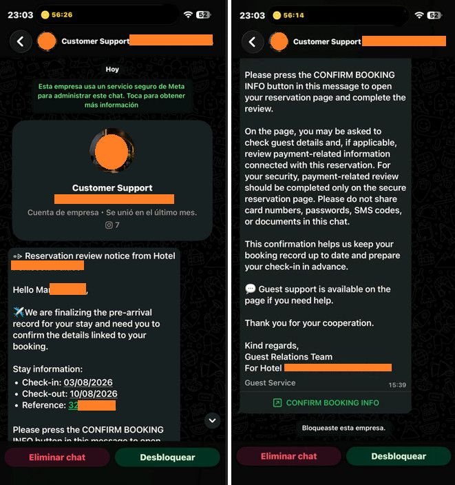 Ciberestafa a clientes de hoteles por WhatsApp con datos reales de reservas