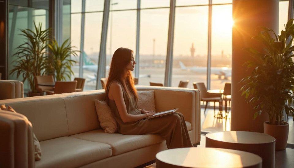 Traveler relaxing in a modern airport VIP lounge with WiFi and food available